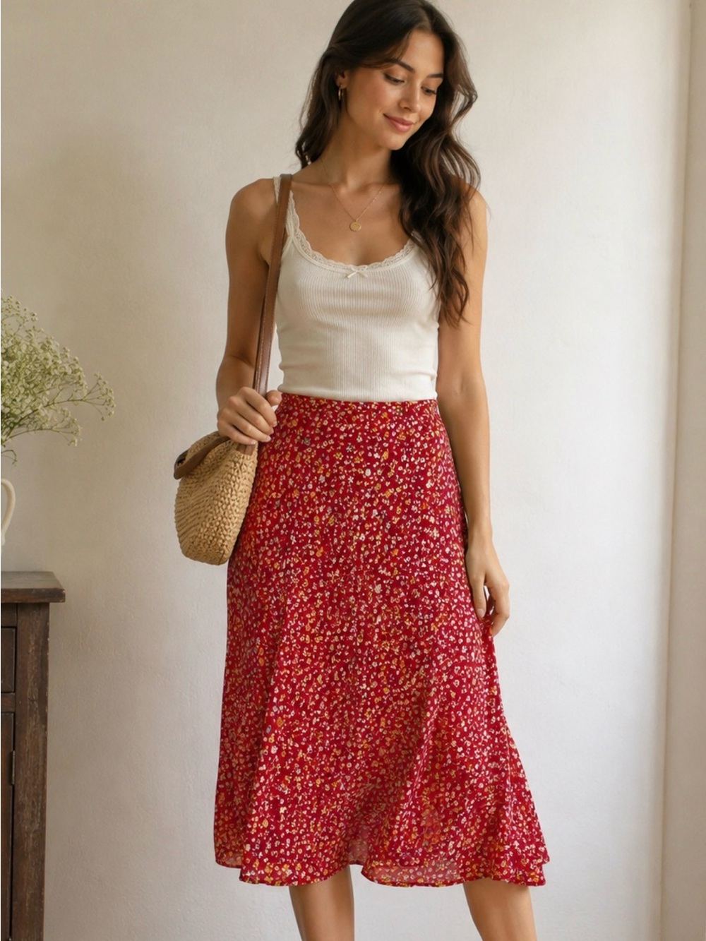 Pink sz 4  Floral Midi Skirt - Women's Lightweight Tiered Skirt